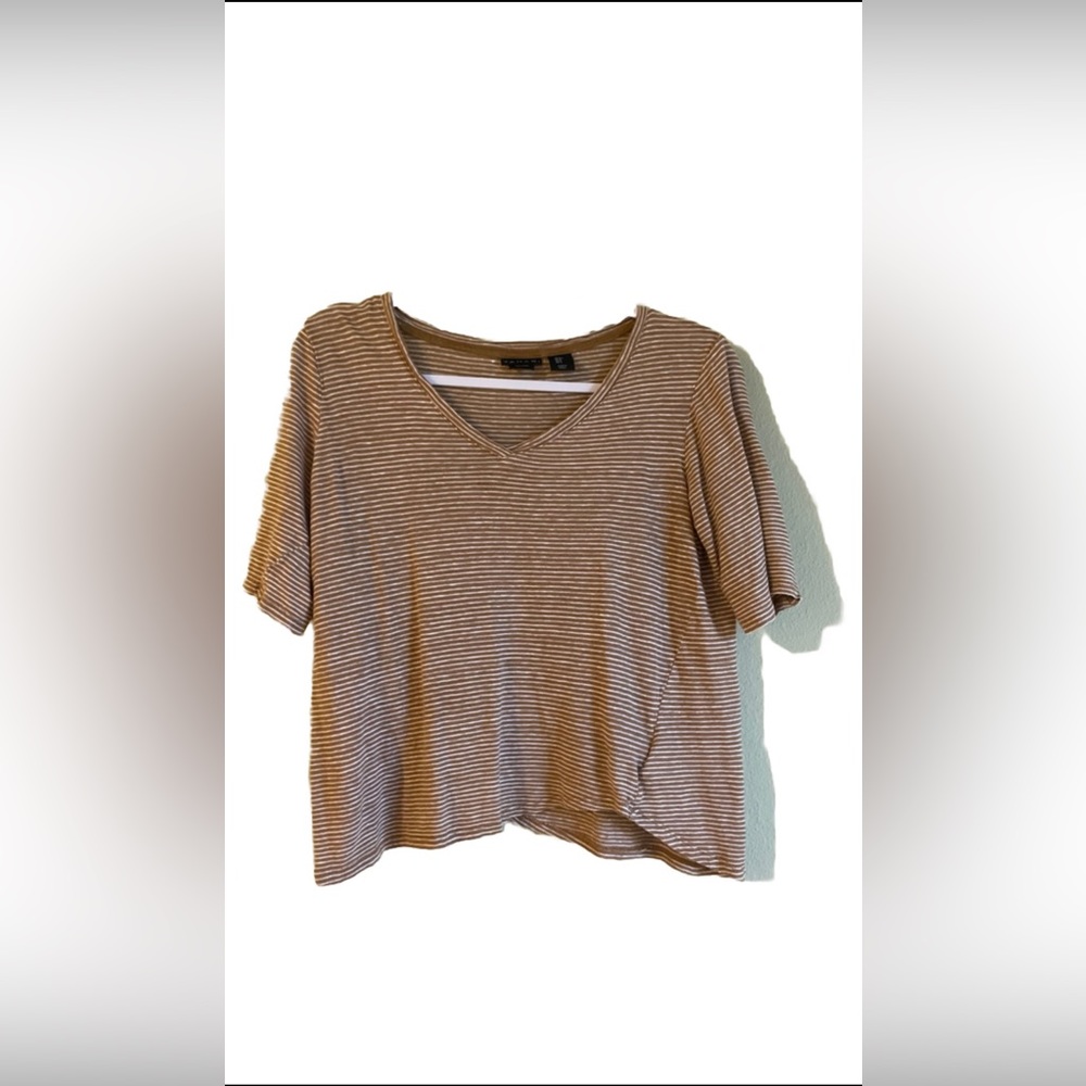 Tahari 100% linen Simple V-neck  Women’s Size small Brown/beige,white stripes